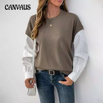 Осенняя женская повседневная толстовка больших размеров с длинным рукавом и круглым вырезом в цветных блоках S коричневый/кофейный