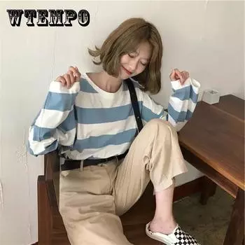 Осенняя женская повседневная женская осенняя футболка с круглым вырезом и длинным рукавом, базовая футболка в полоску, пуловер XXL чёрный