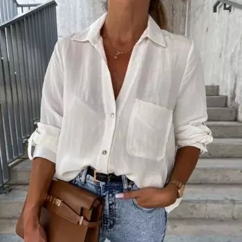 Осенняя женская простая однотонная рубашка поло с рукавами-пулеметами и воротником-стойкой на пуговицах S белый