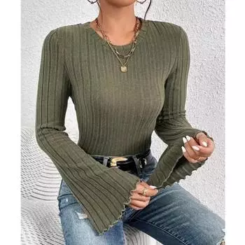 Осенняя женская расклешенная футболка с длинным рукавом и круглым вырезом, повседневная элегантная женская простая футболка, однотонная, облегающая, модная одежда 1813 S армия зеленый