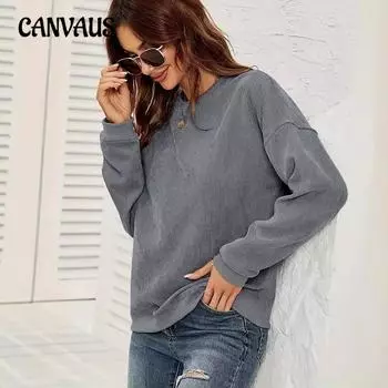 Осенняя женская ребристая толстовка, повседневный круглый вырез, пуловер, топ с длинным рукавом, модная свободная толстовка S серый