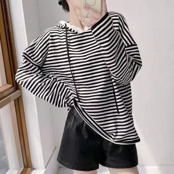 Осенняя женская рубашка больших размеров свободного покроя, базовые топы, футболки, повседневные толстовки с длинным рукавом, полосатая рубашка One Size чёрный