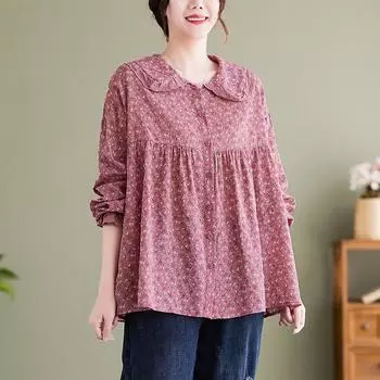 Осенняя женская рубашка из хлопка и льна с цветочным воротником-куколкой в стиле ретро, свободная, с длинными рукавами, с кружевом, блузки и рубашки M зелёный