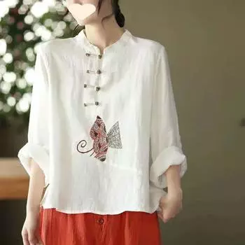 Осенняя женская рубашка из хлопка и льна в этническом стиле с пряжкой-диском, свободный и удобный топ с круглым вырезом и длинными рукавами XXXXL белый