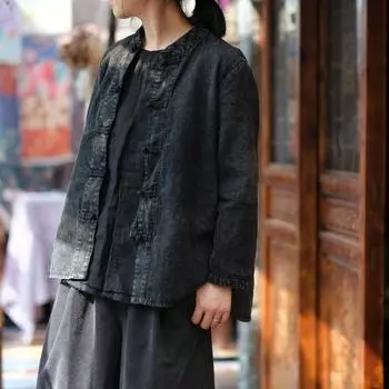 Осенняя женская рубашка Johnature с винтажным воротником в китайском стиле, рубашка с диском и пряжкой, хлопковая однотонная рубашка с длинными рукавами One Size чёрный