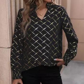 Осенняя женская рубашка с длинным рукавом и ромбовидным узором для женщин S чёрный