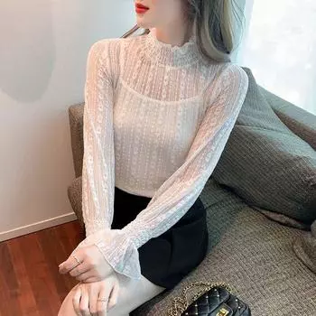 Осенняя женская рубашка с полувысоким воротом Sweet Top Base Shirt из шифонового кружева S белый