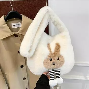 Осенняя женская сумка-кроссбоди премиум-класса большой вместимости с мультяшным плюшевым кроликом, новая милая сумка на плечо цвета хаки белый