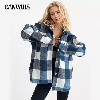 Осенняя женская свободная куртка с длинными рукавами и принтом в клетку с лацканами S синий