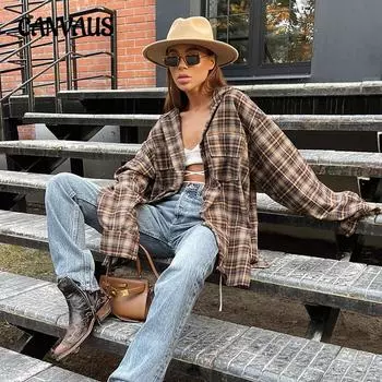 Осенняя женская свободная рубашка в стиле ретро с узором поло и воротником, нижняя часть рубашки в клетку S кофейный