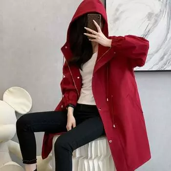 Осенняя женская свободная ветровка, длинная куртка с капюшоном S винный