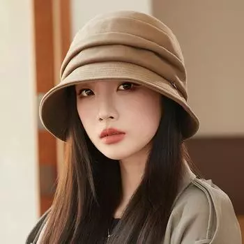 Осенняя женская толстая теплая шапка-рыбак, плиссированная шапка-тазик чёрный