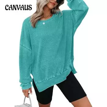 Осенняя женская толстовка больших размеров с круглым вырезом, длинными рукавами и боковыми разрезами, вафельная толстовка