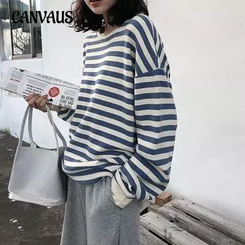 Осенняя женская толстовка больших размеров в полоску с длинными рукавами и круглым вырезом