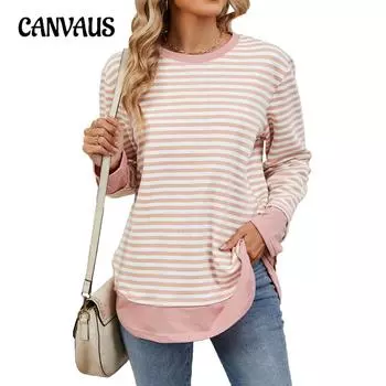 Осенняя женская толстовка большого размера в полоску с яркими цветами и круглым вырезом, свободная, с длинными рукавами S розовый/белый