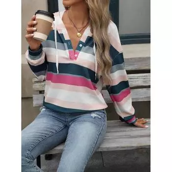 Осенняя женская толстовка с капюшоном с принтом, повседневная толстовка с длинными рукавами в полоску S