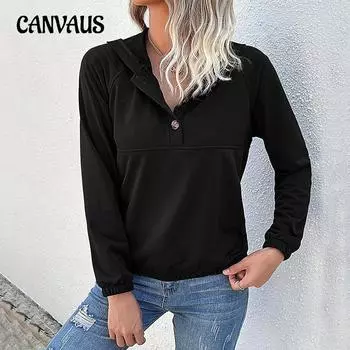 Осенняя женская толстовка с капюшоном в стиле пэчворк, повседневный пуловер с капюшоном и пуговицами, топ S чёрный