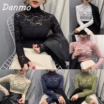 Осенняя женская тонкая кружевная футболка Danmo, сексуальная водолазка с длинным рукавом, тонкие кружевные вязанные крючком лоскутные футболки, топы XXL белый