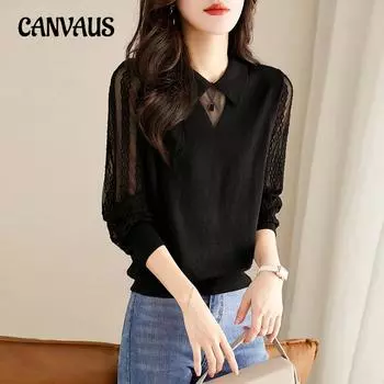 Осенняя женская трикотажная футболка с длинным рукавом, кружевная верхняя рубашка, внутренняя нижняя рубашка One Size чёрный