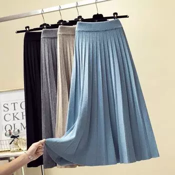 Осенняя женская трикотажная юбка средней длины с высокой талией и подолом, свободная юбка-полусолнце one size fits all белый