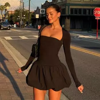 Осенняя женская юбка с цветочным принтом Pure Color Temperament и длинным рукавом на груди, облегающее платье S чёрный