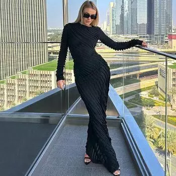 Осенняя женская юбка с длинными рукавами, модная облегающая длинная юбка с круглым вырезом, платье для женщин S чёрный