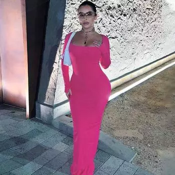 Осенняя женская юбка с длинными рукавами, модное сексуальное однотонное платье с U-образным вырезом и бедрами S розы красного