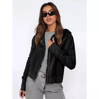 Осенняя женская укороченная куртка, одежда с длинным рукавом, уличная одежда Topas, повседневное пальто на молнии с капюшоном, женская куртка-бомбер XS чёрный