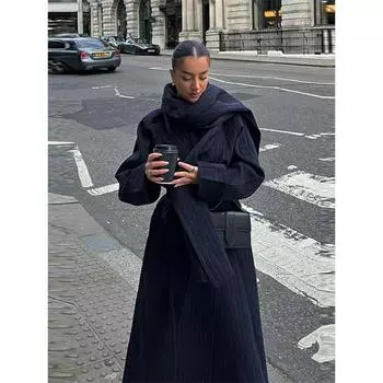 Осенняя женская уличная мода, темперамент, длинный рукав, с шарфом, тренчкот средней длины S