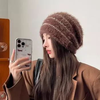 Осенняя женская универсальная модная однотонная вязаная шапка-пуловер из плюша высокого качества, подходящая для ежедневных путешествий и использования One Size бежевый