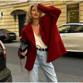 Осенняя женская верхняя одежда для поездок на работу, новая мода, уличный однотонный костюм, пальто, женская повседневная свободная куртка с лацканами и длинными рукавами, карманы M красный