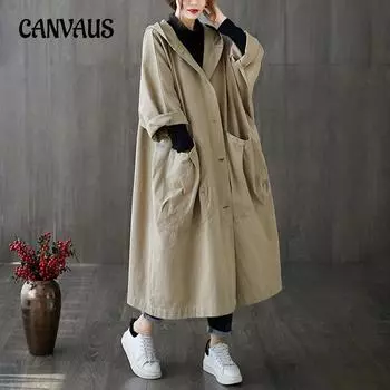 Осенняя женская ветровка, литературная свободная куртка большого размера до колена, с большими карманами, ветровка, женская повседневная куртка с капюшоном