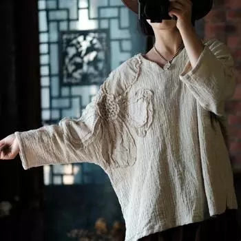 Осенняя женская винтажная льняная рубашка Johnature с вышивкой, модная однотонная рубашка в стиле ретро с v-образным вырезом и длинными рукавами One Size бежевый