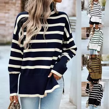 Осенняя женская водолазка с длинным рукавом в полоску, пуловер, вязаная повседневная блузка, свитер