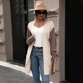 Осенняя женская вязаная куртка-кардиган, уютный повседневный свитер с цветными блоками S хаки