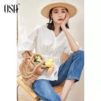 OSHA Lantern Sleeve Niche Style Waist Trimming Loose Thin Shirt White M