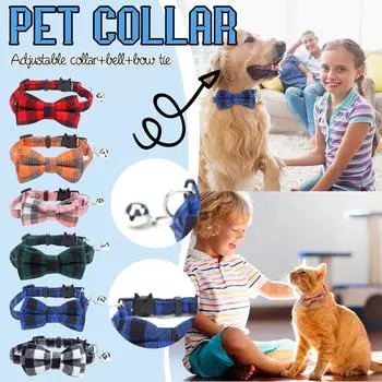 Ошейник-бантик в британскую клетку, ошейник-колокольчик для питомцев, нашивка на пряжку для кошек, ошейник для собак One Size чёрный