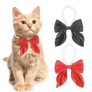 Ошейник для домашних животных, кошек, собак, милый красный/черный большой ошейник с бантом, эластичное ожерелье из искусственного жемчуга, модные аксессуары для домашних животных на шею, декоративные аксессуары для котенка, щенка чёрный