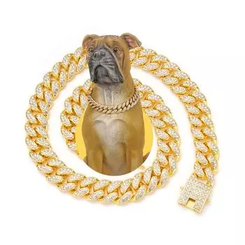 Ошейник для домашних животных Кубинский ошейник Ювелирные изделия Аксессуары для собак и кошек, Золотая цепочка для собак Бриллиантовый кубинский ошейник Прогулочный металлический цепной ошейник с дизайном S 20cm-8inch