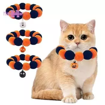 Ошейник для домашних животных на Хэллоуин с колокольчиком в форме тыквы. Очаровательный плюшевый шариковый ошейник для кошек и собак. Праздничный аксессуар для домашних животных. S A