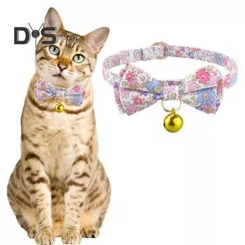 Ошейник для домашних животных с цветочным принтом и галстуком-бабочкой, ткань из медного колокольчика. Износостойкий круг на шее для домашних животных с D-образной пряжкой. Элегантный шейный ошейник для кошек, маленьких и средних размеров. жёлтый