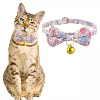 Ошейник для домашних животных с цветочным принтом и бантом из медной ткани с колокольчиками, износостойкий ошейник для домашних животных с D-образной пряжкой, элегантный ошейник для кошек, маленький жёлтый