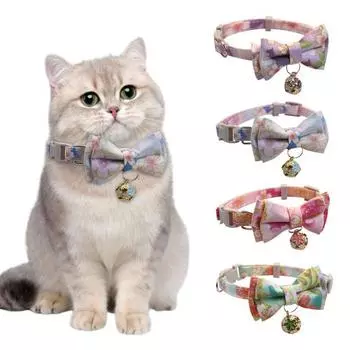 Ошейник для кошек, привлекающий внимание изысканный цветочный принт, бант для собак и кошек, круг с колокольчиком зелёный