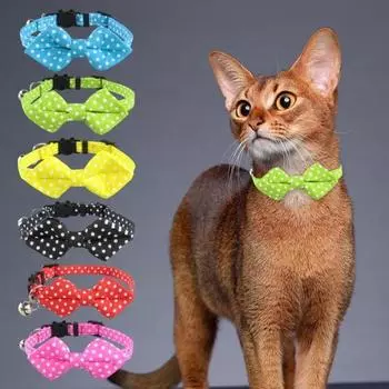 Ошейник для кошек с галстуком-бабочкой и медным колокольчиком, однотонный, в горошек, регулируемая пряжка для котенка, щенка, устойчивый к ржавчине, приятный для кожи ошейник для домашних животных зелёный