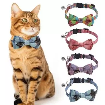 Ошейник для кошек с галстуком-бабочкой и колокольчиком из ткани с принтом в японском стиле, ожерелье для домашних животных, регулируемые безопасные шейные ошейники разных цветов для маленьких собак и кошек синий
