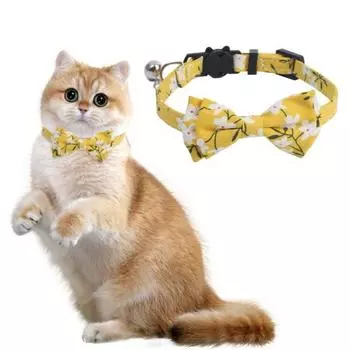 Ошейник для кошек с галстуком-бабочкой и колокольчиком в джентльменском стиле с цветочным узором, регулируемый размер, приятный для кожи ошейник для кошек и маленьких собак синий