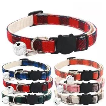 Ошейник для кошек с колокольчиком и бантом, пряжка безопасности, решетчатый дизайн pink. Pearl white plaid fabric розовый