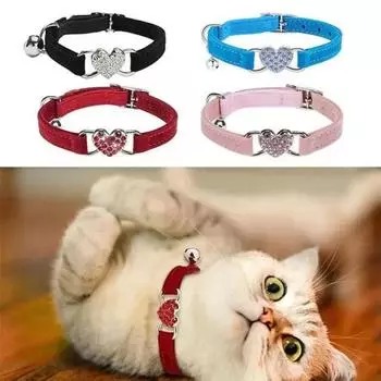 Ошейник для кошек с подвеской в виде сердца и колокольчиком, эластичный, регулируемый, с мягким бархатным материалом, 8 цветов, товар для домашних животных, ошейник для маленьких собак чёрный