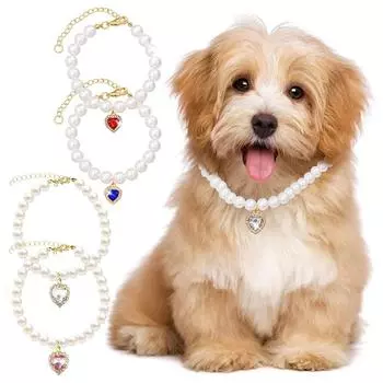 Ошейник для кошек с жемчугом и подвеской в виде сердца, элегантное модное регулируемое ожерелье для домашних животных, маленьких собак, щенков, котят, свадебных украшений, блестящих аксессуаров S