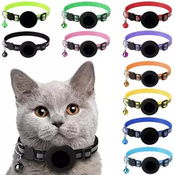 Ошейник для кошек Светоотражающий ошейник для кошек с держателем AirTag и колокольчиком для девочек и мальчиков One Size чёрный